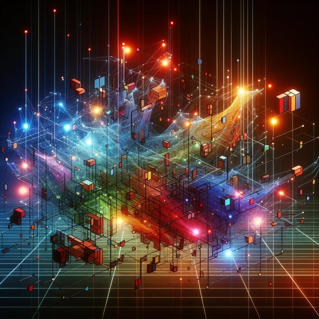 Abstract image featuring colorful lines of code interwoven with geometric shapes, representing the complexity and structure of type definitions. Glowing lines connect various nodes, symbolizing dependencies and interconnected files on a dark background.