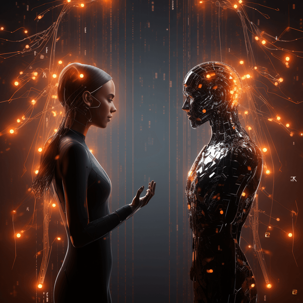 AI and human facing each other, with matrix-style floating lines connecting them. The lines transition from digital codes near the AI to written words near the human, illustrating real-time communication between them.