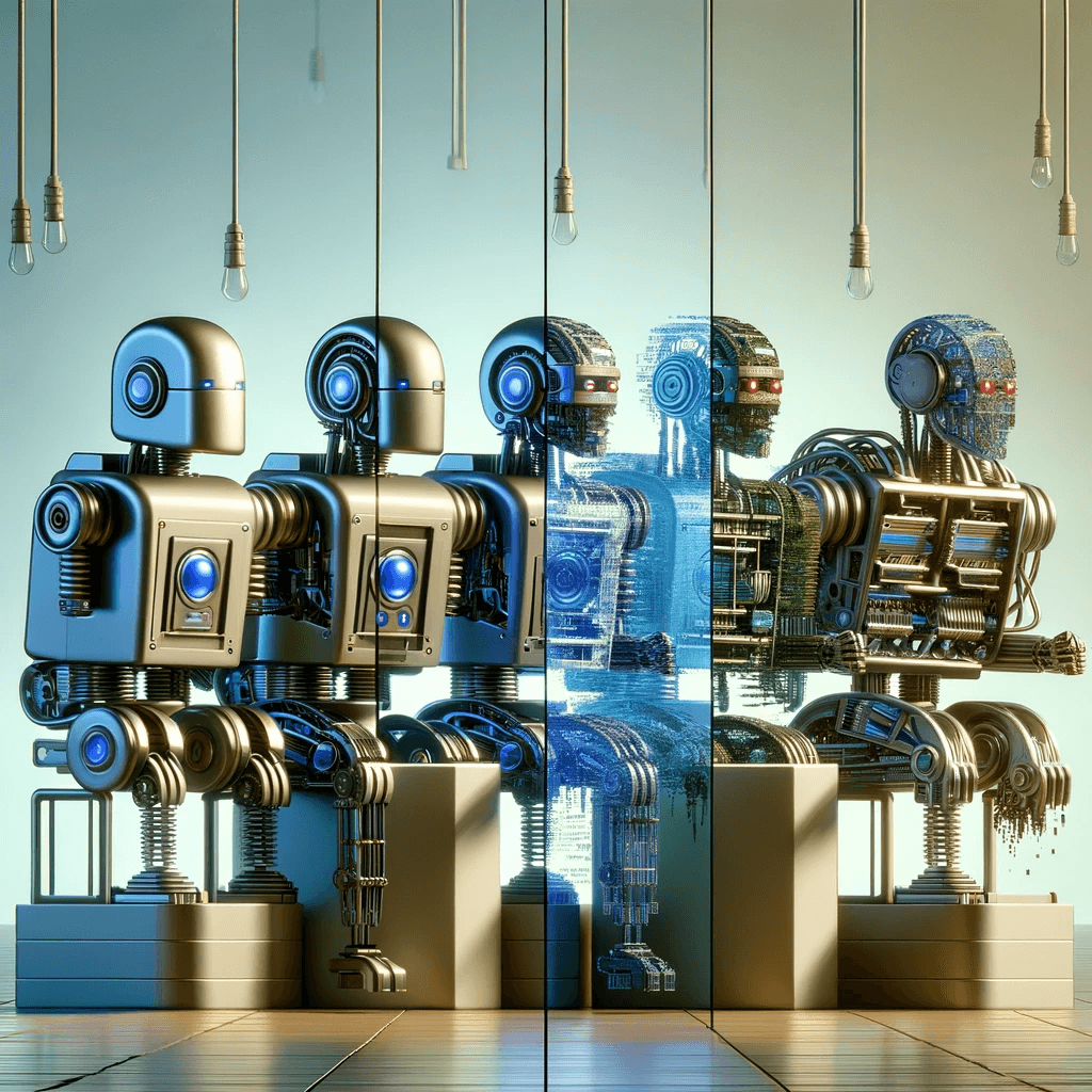 An image depicting five pairs of robots, each pair illustrating the concept of caching in programming. In every pair, the first robot is fully detailed and complex, symbolizing the original source. The second robot in each pair is a partially complete, semi-transparent or skeletal version, representing a shallow, cached copy that lacks the full complexity of the original. The background is minimalist and futuristic, with a metallic and technological color scheme, emphasizing the contrast between the fully realized robots and their incomplete counterparts.