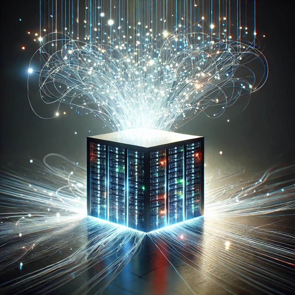 Abstract digital art of a glowing cube emitting soft blue and white light, surrounded by vibrant data streams flowing dynamically into it, set against a dark, textured background, symbolizing server connectivity and load handling.