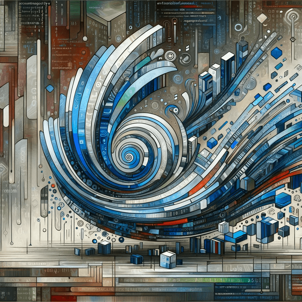 Abstract digital art depicting the theme of coding and software development efficiency, featuring a blend of geometric shapes, coding symbols, and flowing lines in shades of blue, green, and gray, symbolizing the integration of technology and information flow in the context of optimizing auto import suggestions in IntelliJ for TypeScript monorepos.