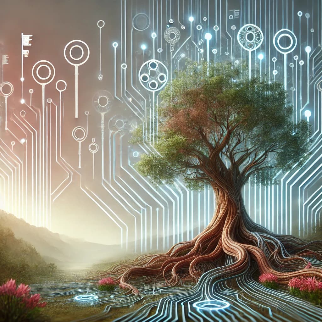 A digital artwork of a large tree with twisting roots intertwined with metallic, key-shaped structures. The tree branches transform into glowing circuit-like patterns against a serene, slightly futuristic background blending organic and technological elements.