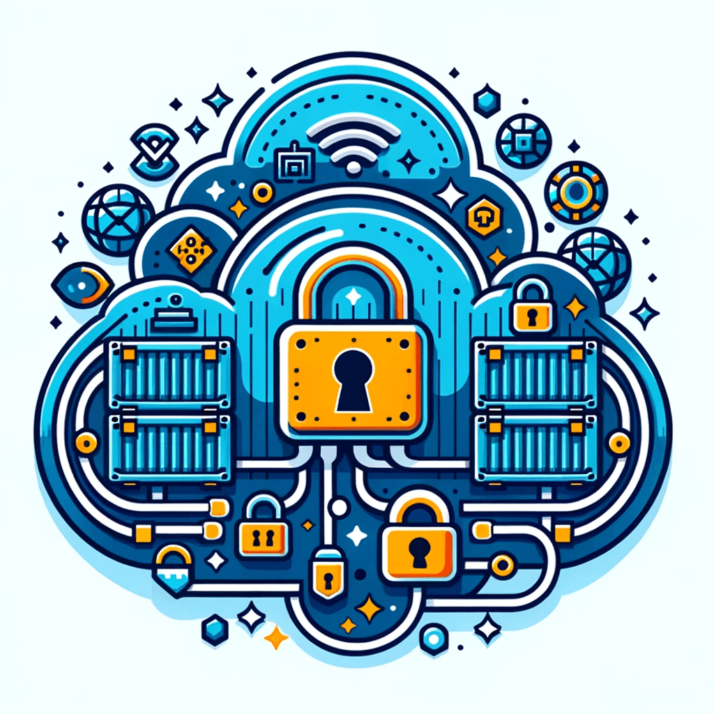 An illustration of a secure lock icon merged with graphic elements which represents a cloud network, representing the establishment of a secure connection in a local setup.