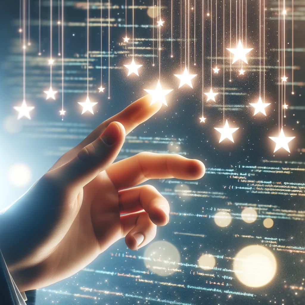An illustration of a hand reaching out to touch a line of stars, with each star lighting up in sequence as if being activated by the touch. The background features a clean, modern workspace with subtle coding elements like brackets and code snippets faintly visible.