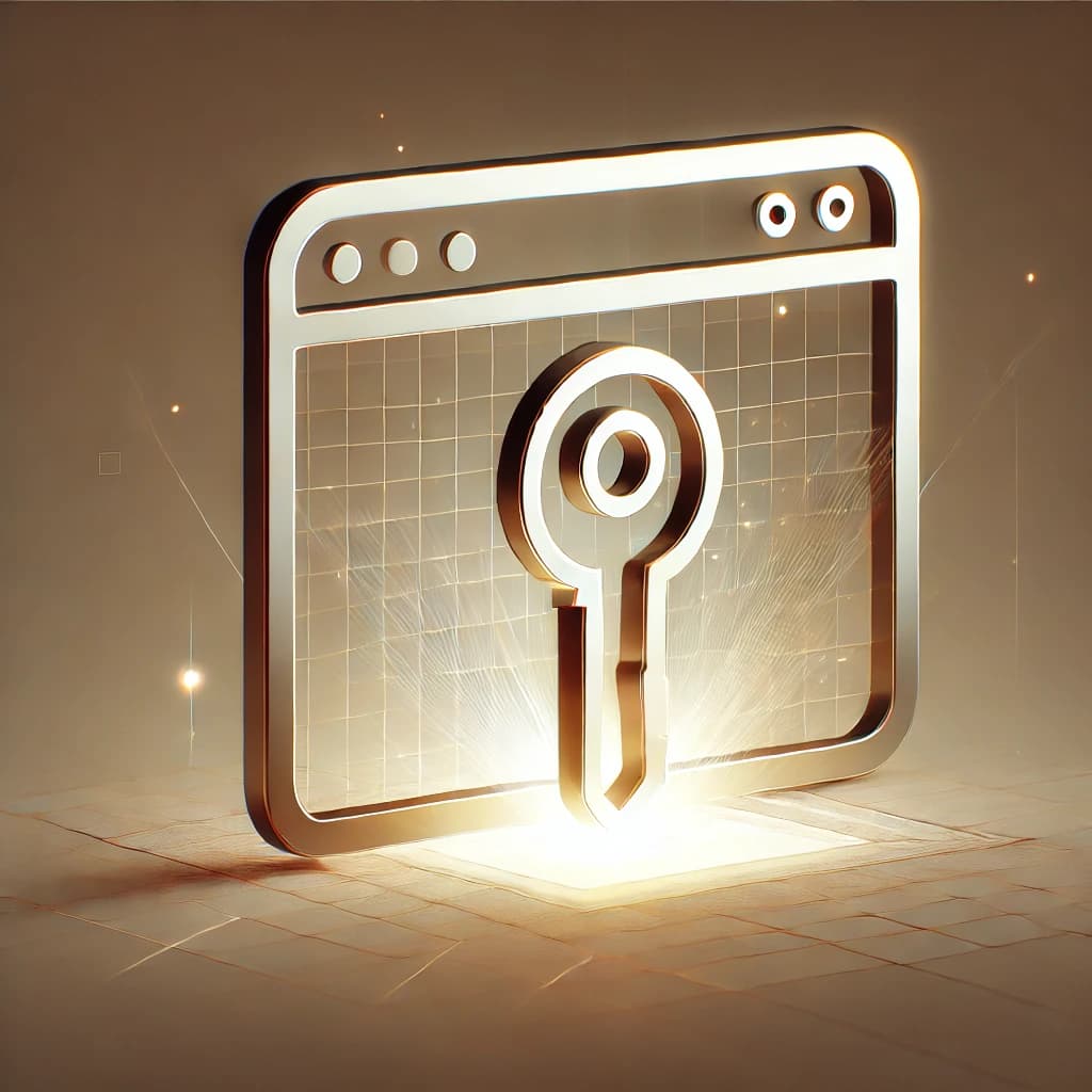 A minimalist illustration of a stylized browser window with a geometric, glowing key emerging from it on a neutral background.
