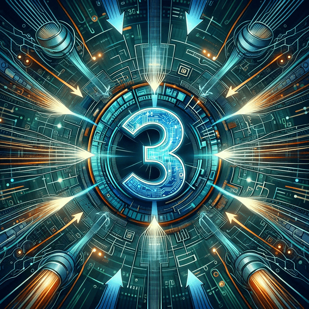 An abstract digital illustration featuring a stylized numeral '3' composed of network and digital elements like circuits and ethernet cables, symbolizing the HTTP/3 protocol. Surrounding the central '3' are flowing data packets and streams, transitioning from the HTTP/1.1 and HTTP/2 protocols, converging into the faster HTTP/3 pathway. The image is cast in shades of blue and green, representing stability and growth, with dynamic accents of orange to denote speed and energy, conveying the advancement of web technology.